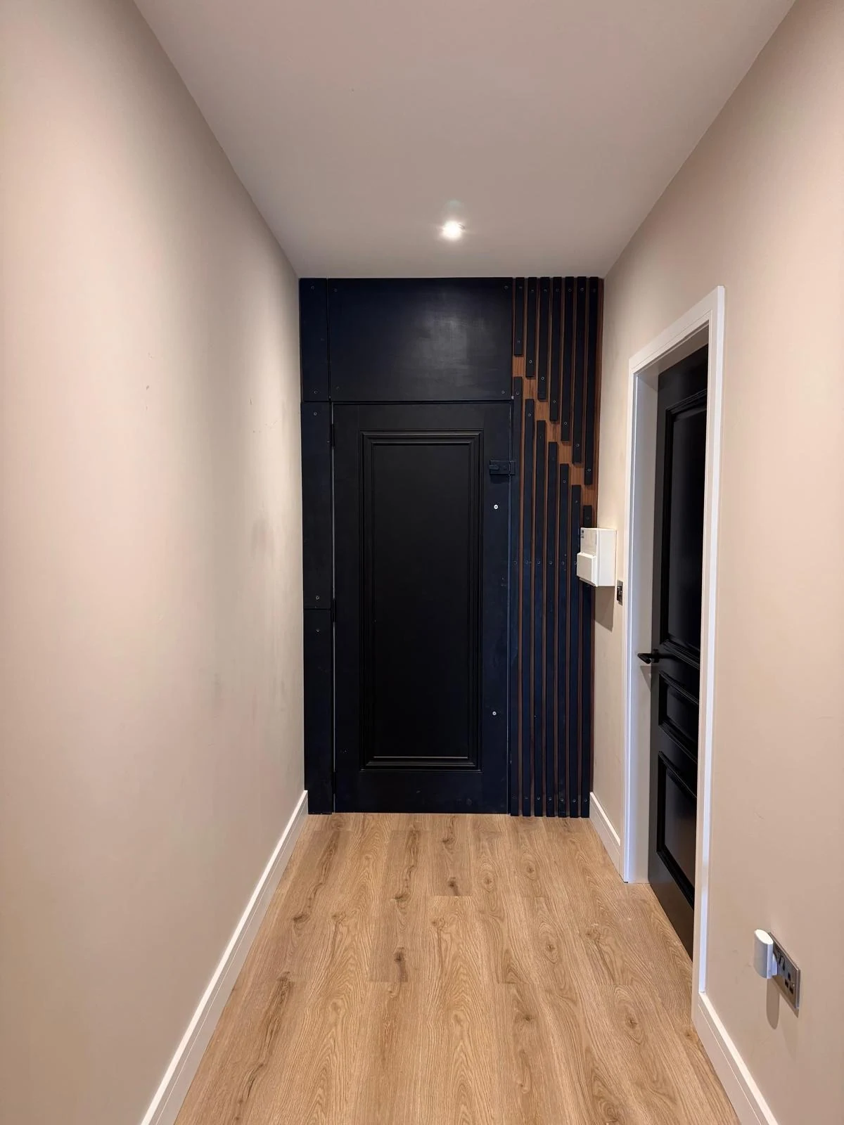Black panelled feature wall and door in a bright hallway