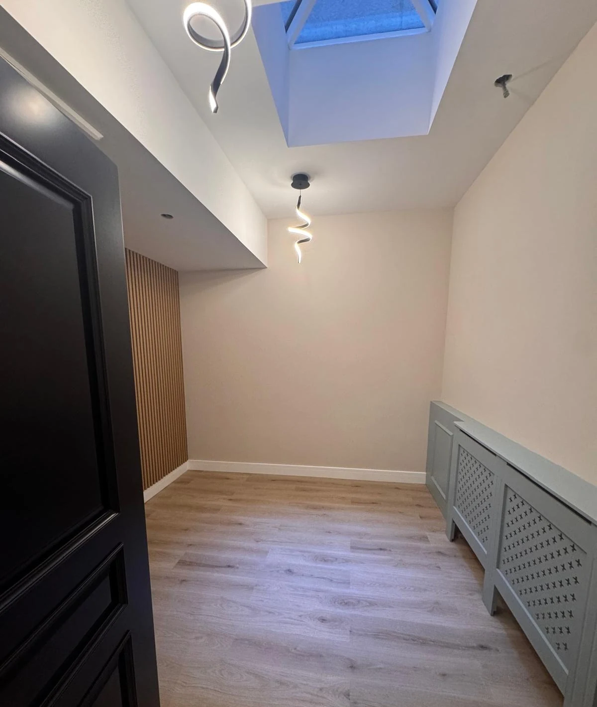 Bright room with skylight, black door and painted radiator cover