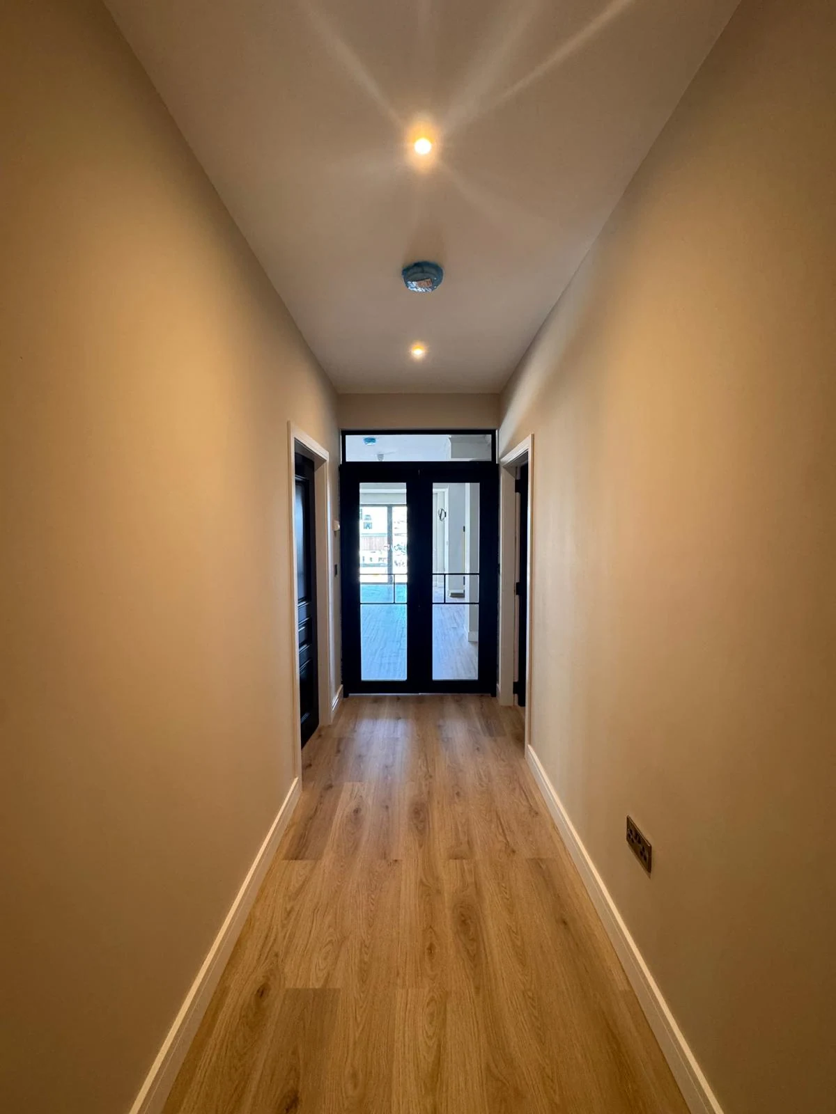 Renovated hallway with oak-effect flooring and glazed doors