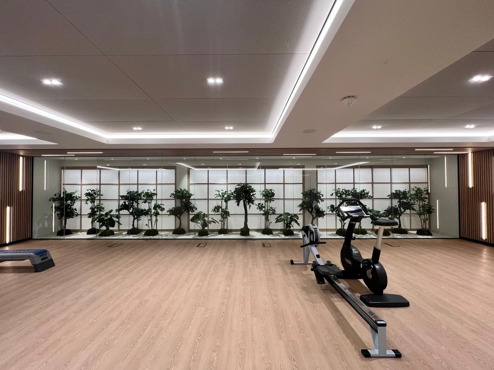 Large open room with slatted timber ceiling and planters