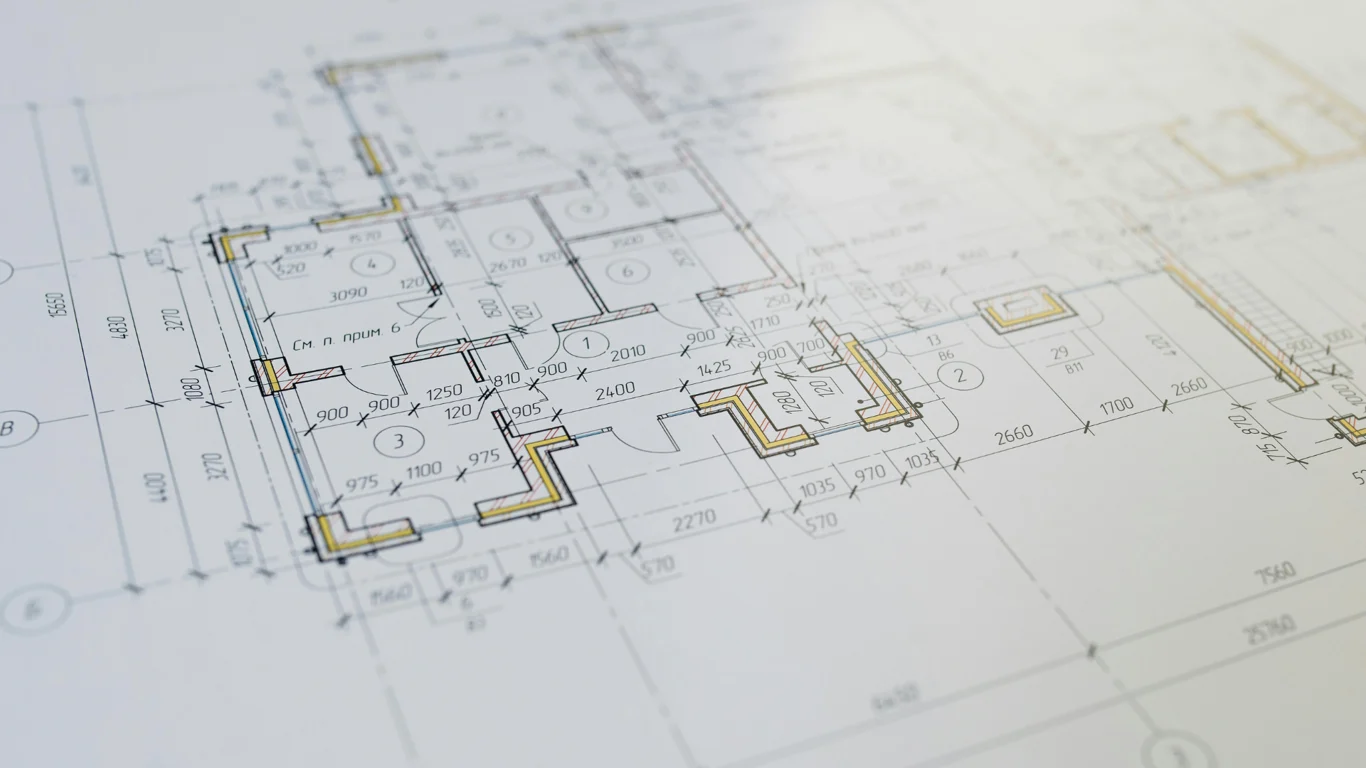 Stock photograph of detailed architectural floor plans and building dimensions