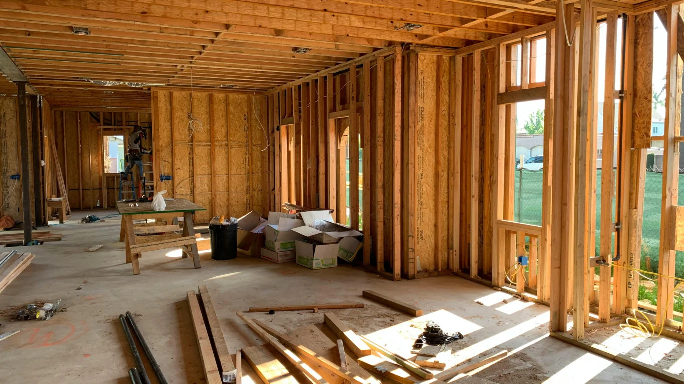 Stock photograph of a new-build interior with exposed timber wall and ceiling framing