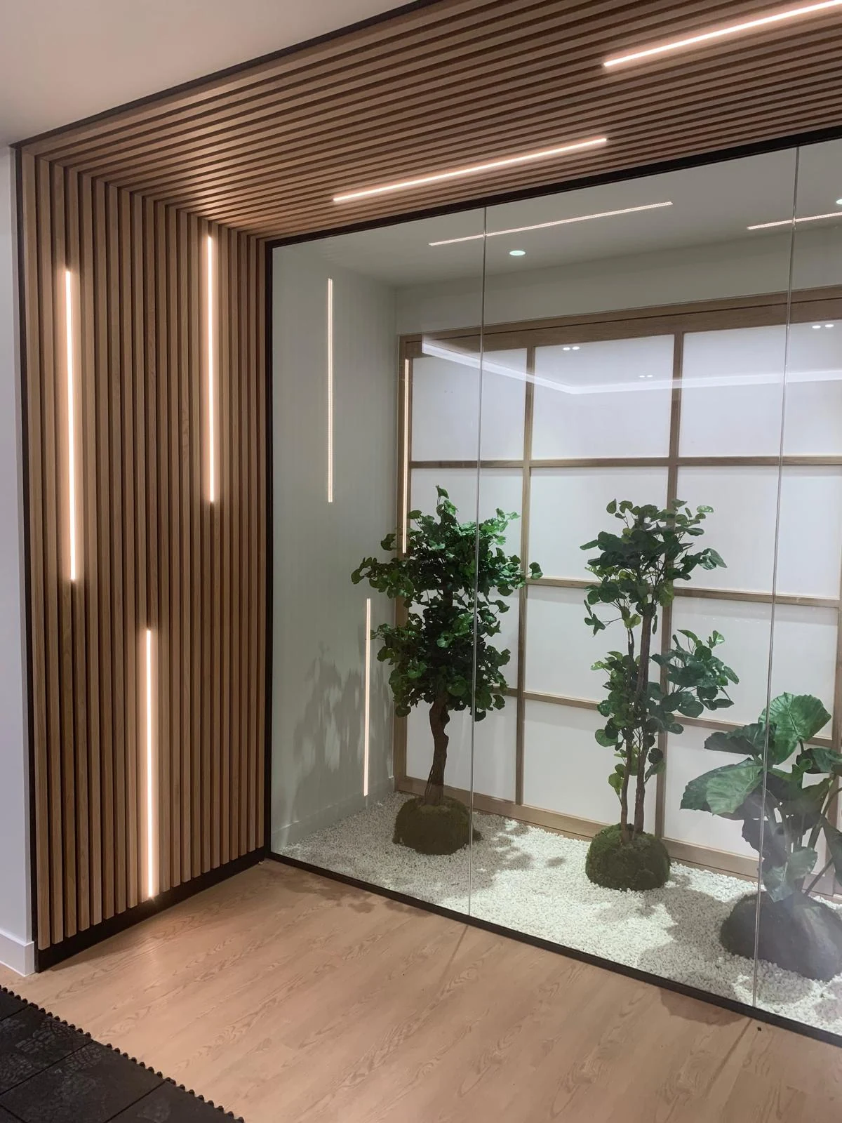 Slatted timber ceiling and screens around an indoor planter