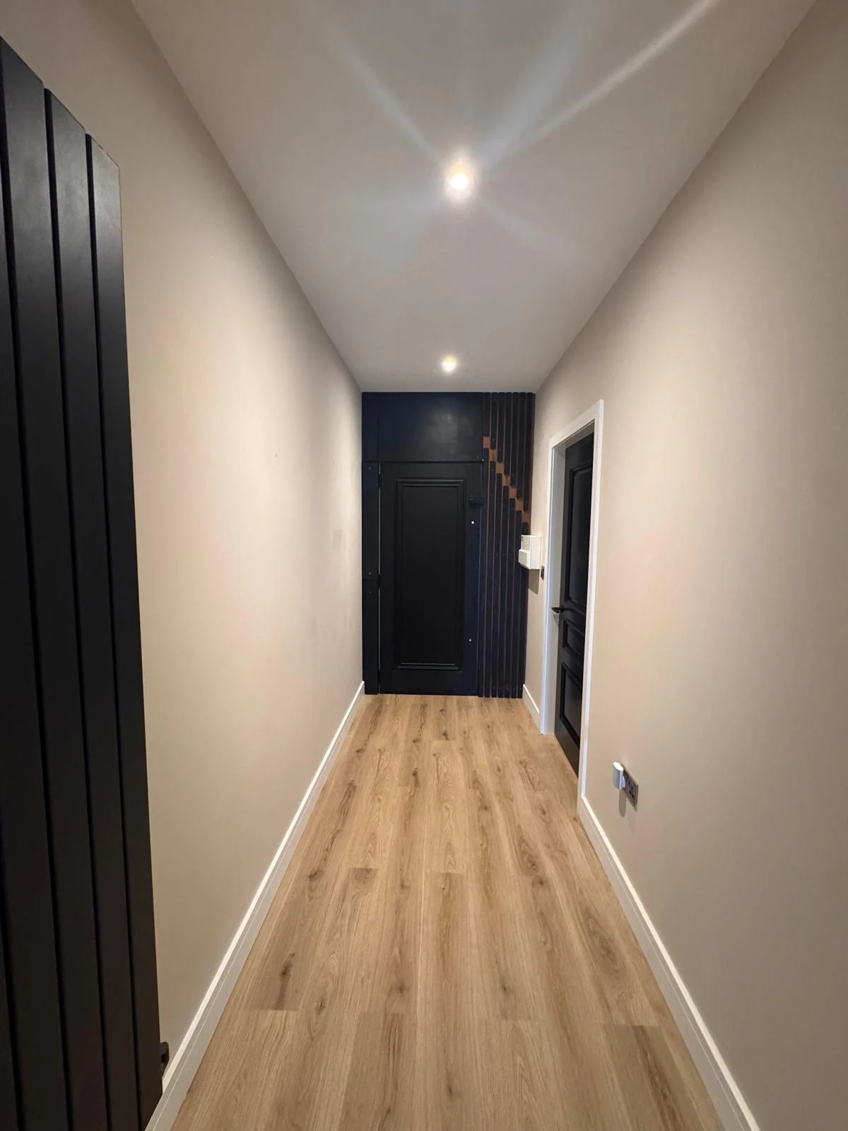 Hallway with black panelled door and dark feature joinery